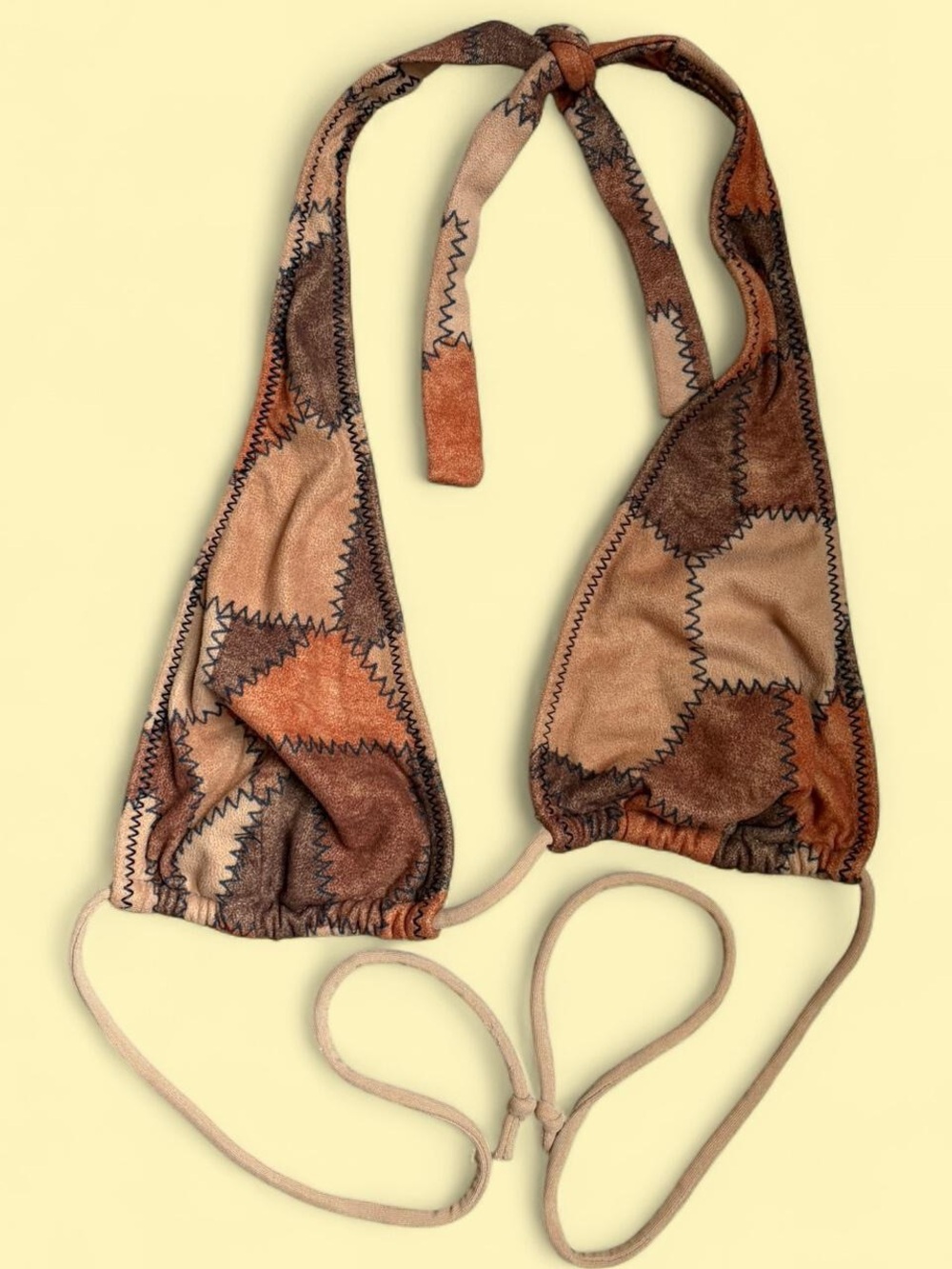 Patchwork Halter Bikini Top - Brown & Tan
